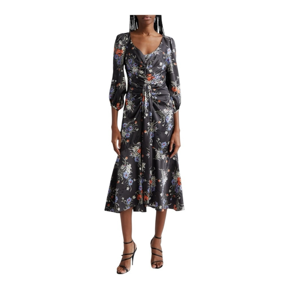 Black Floral Midi Dress with Ruched Front